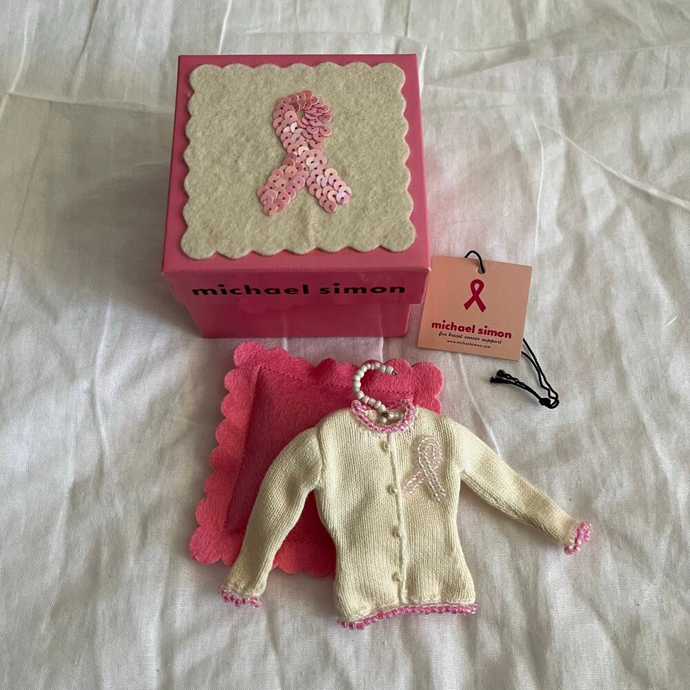 MICHAEL SIMON Breast Cancer Awareness Handmade Beaded Sweater Christmas Ornament
